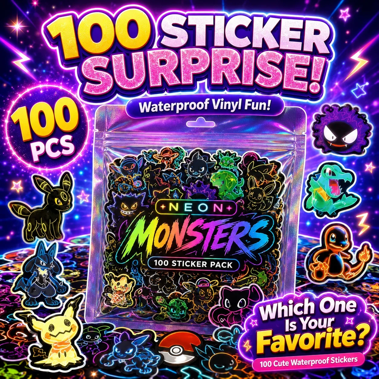 100pcs Neon  Pokémon  Stickers - Wall Sticker review and price